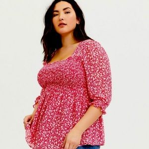 Torrid size 2 Pink Babydoll Chiffon smocked floral blouse